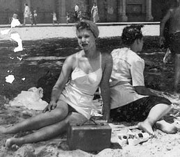 Sis (left) and Dot, and Jackson Park beach in 1949.
